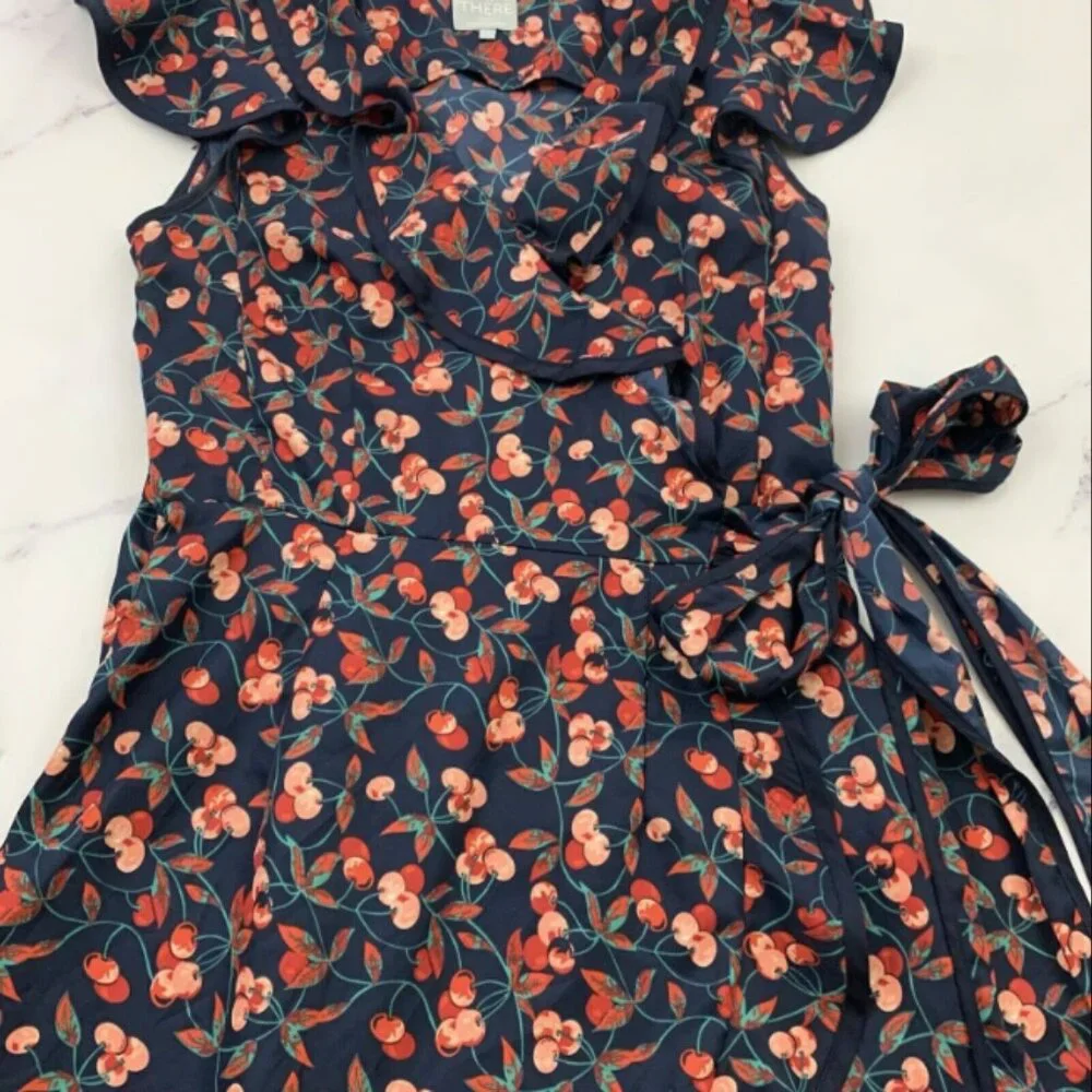 Hi There Karen Walker Wrap Dress Size 4 Blue Red Cherry Print Ruffle Trim Retro - Picture 2 of 4